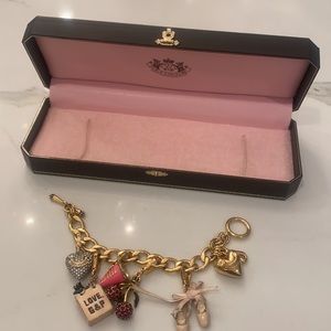 Juicy Couture Charm Bracelet 7 Charms Hearts Cherries Ballet Slippers 7.5” long